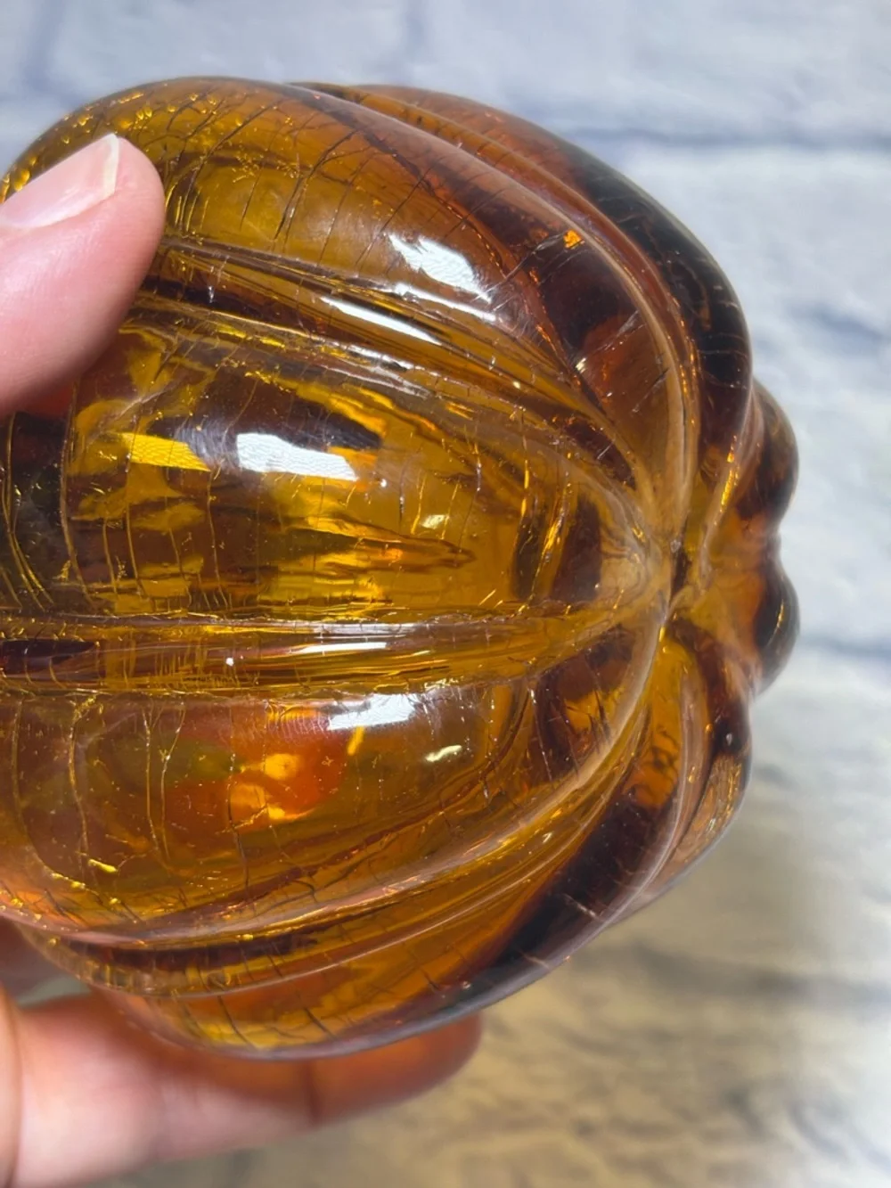 Glass Amber Pumpkin Hand Blown Crackle Finish Thanksgiving Curly Steam Pier One